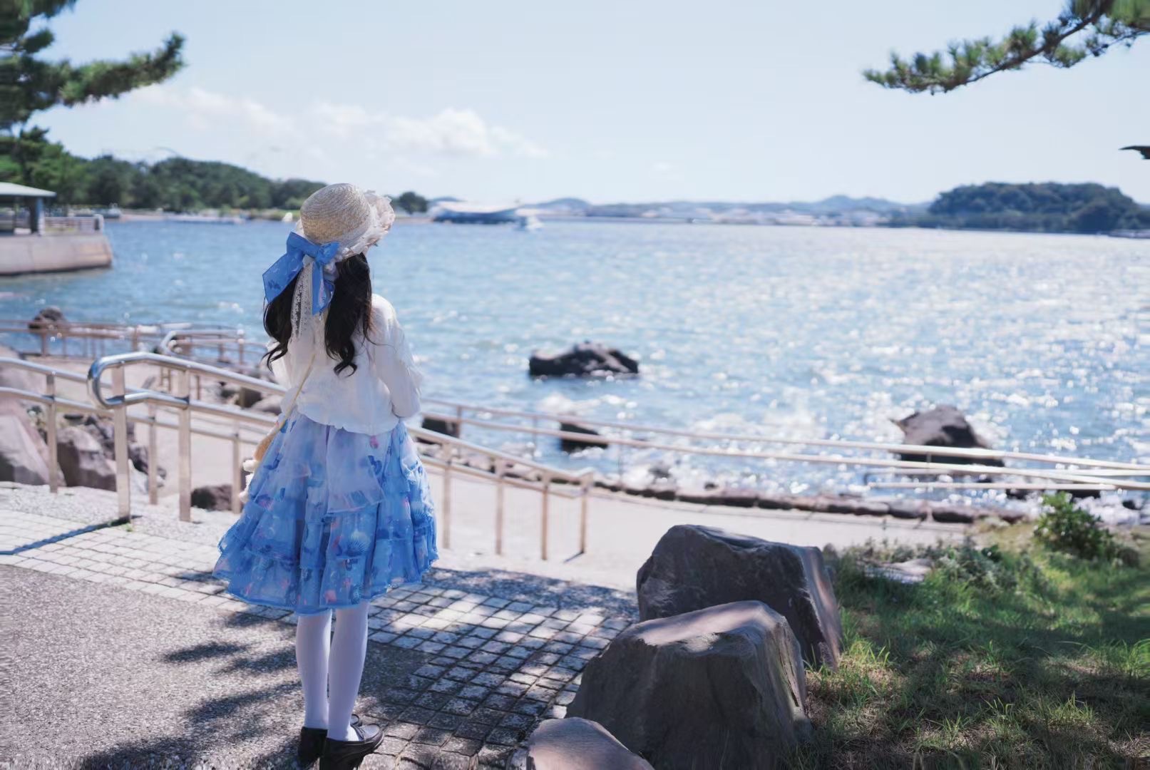 海辺の光のなかを歩く青いドレスの後ろ姿