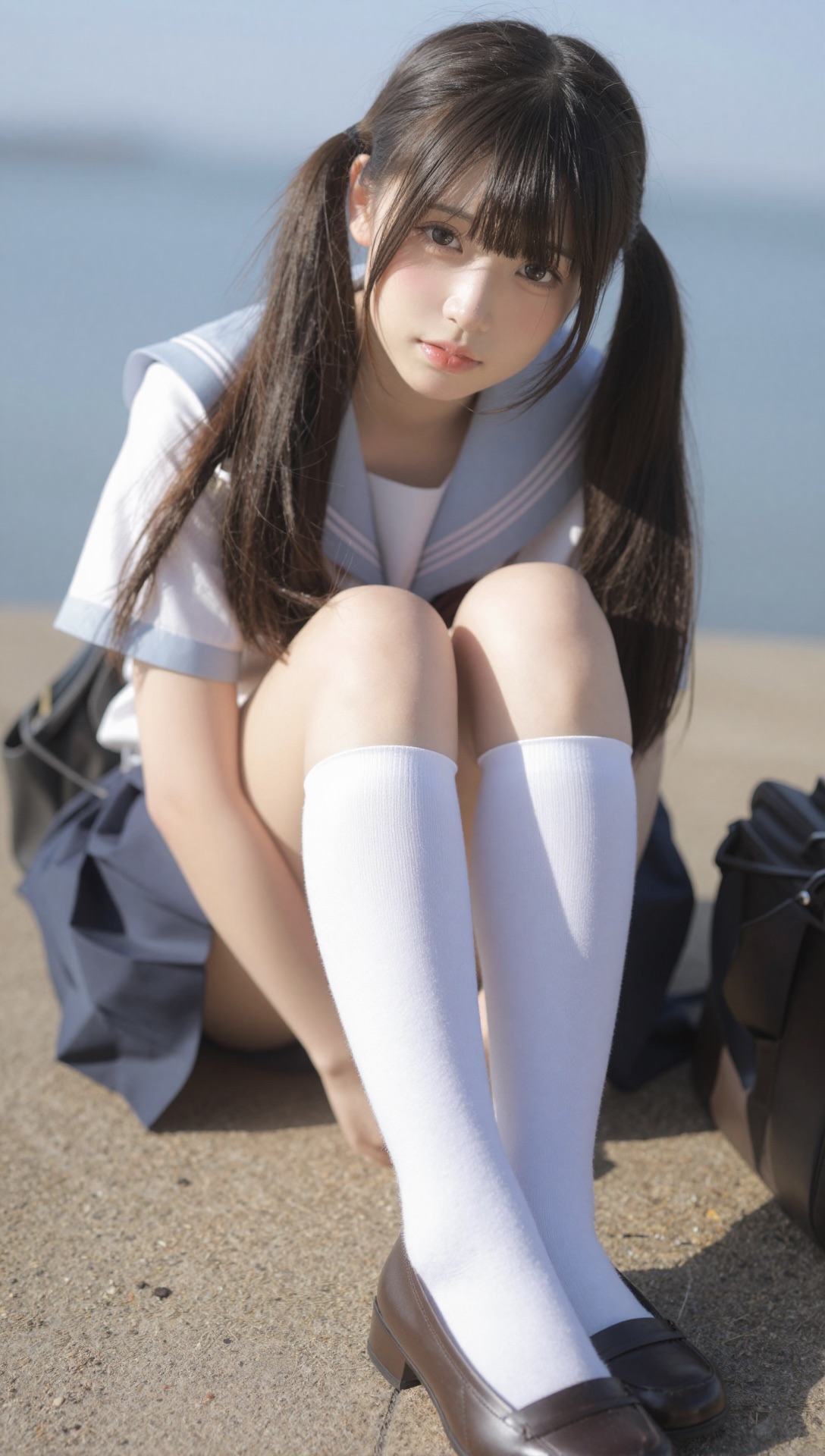 青い水槽のアーチを見上げる後ろ姿